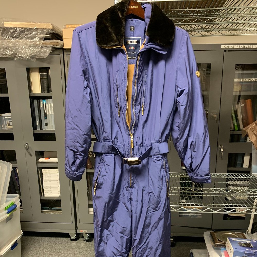 Vintage Italian Women's one piece ski suit with faux fur trim - Blue and Black